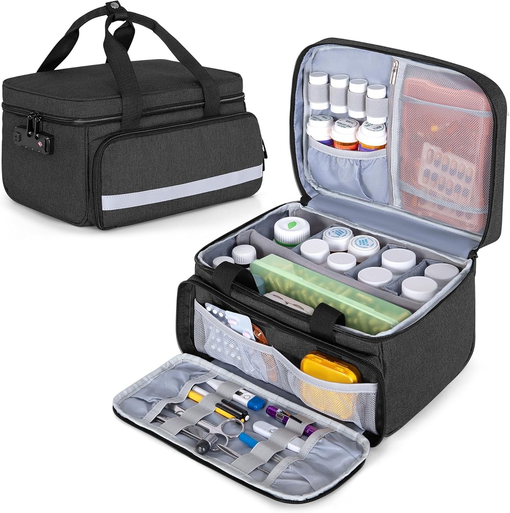 CURMIO Pill Flaske Organizer Oppbevaring, Medisinlåseboks for Pill Organizer og medisinske forsyninger, svart (Patent Design)