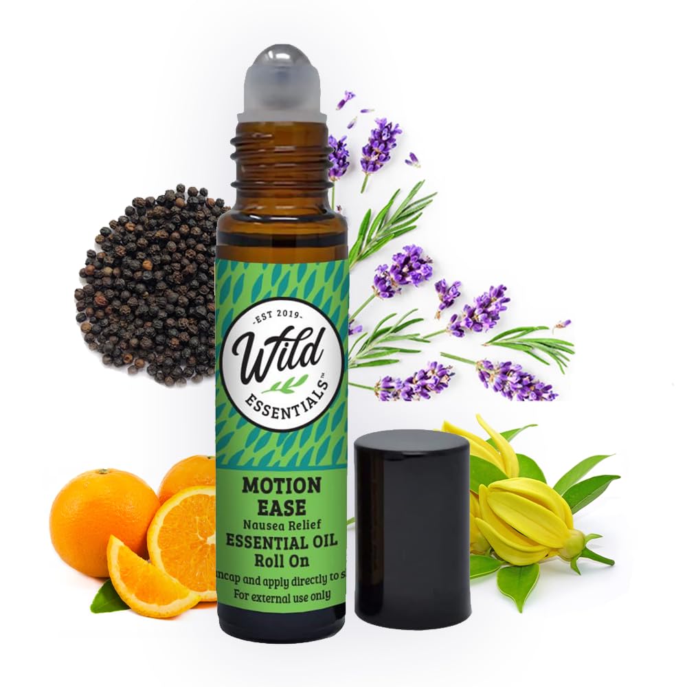 Wild Essentials Motion Ease Essential Oil Roll On, 10ml bevegelsessyke, tristhet, Upset Mage, Vertigo, Dizzy, Seasick, Carsick, laget med organisk Jojoba olje, klar til å bruke, Moisturizer, Alt naturlig