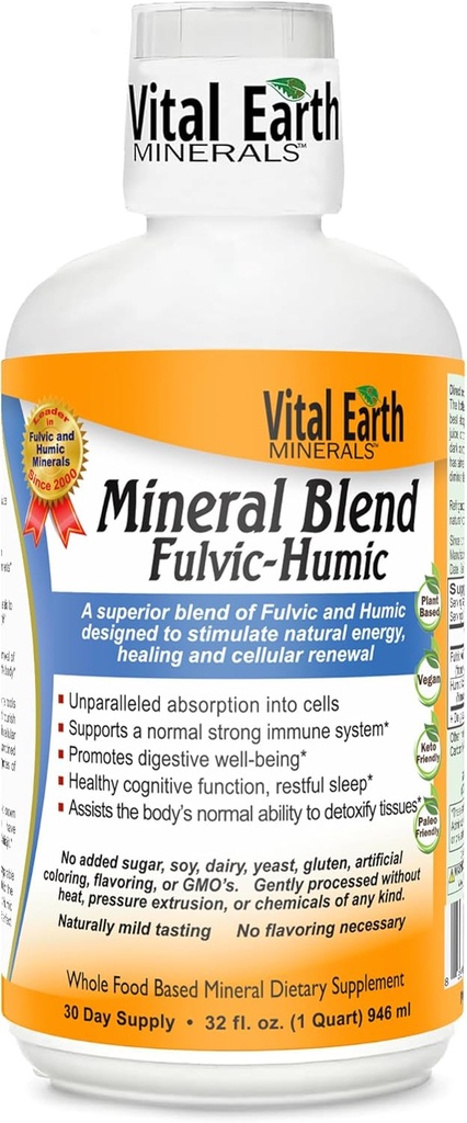 Vital jord Mineraler Fulvic Humic Mineral Blend Liquid - Fulvic Acid Supplement med 70+ Trace Minerals, Electrolytes for gjenoppretting, balanse og energi, 32 Oz + 1 Oz Cup