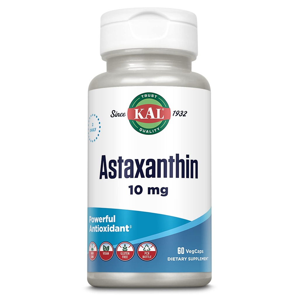 KAL Astaxanthin 10mg, kraftige antioksidanter Supplement, øye helse og hjerne Supplement, fra naturlig plantekilde, ikke-GMO, Vegan, Glutenfri, 30 Services, 60 Vegkaps