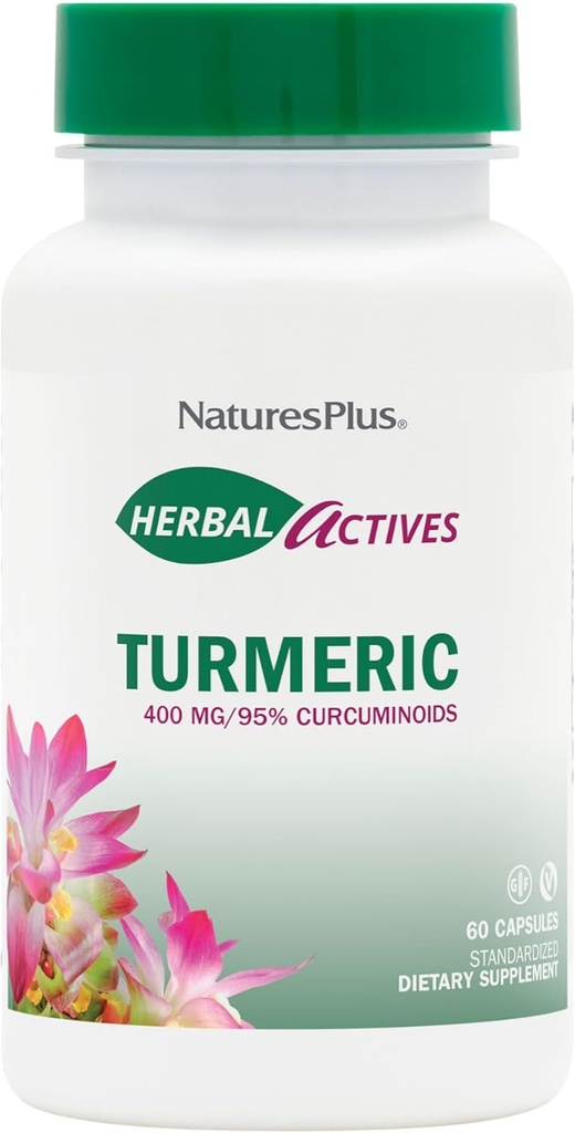 Natures Plus Herbal Actives Turmeric - 400 mg, 95% Curcumin, 60 Vegan Capsules - Vegetarisk, Glutenfri - 60 Services