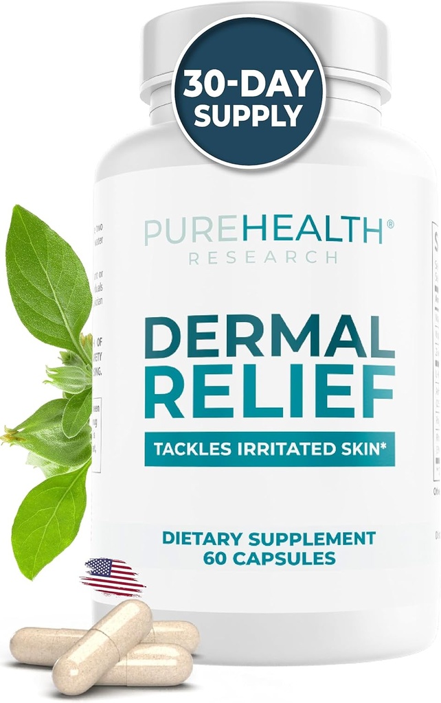 PUREHEALTH RESEARCH Dermal Relief Kosttilskudd - for irritert hud, Eczema og dermatitt med L-Histidin, Ashwagandha Root Extract, Rhodiola Crenulata, vitamin D og E - 1 flaske - 60 kapsler