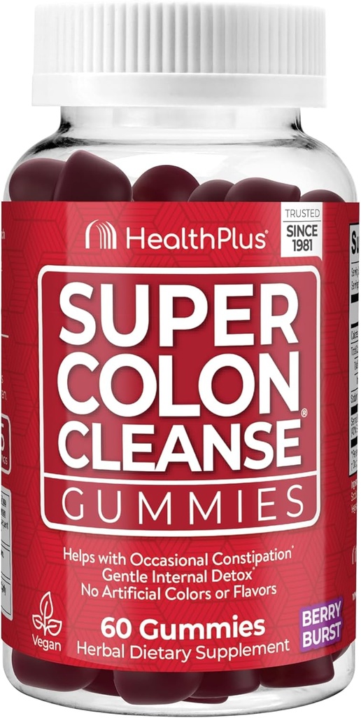 Helse Plus Super Colon Cleanse Gummies 15 dagers forsyning av gentle overnatting relief fra anledninger, naturlig senna leaf ekstrakt, kosttilskudd, blandet Berry Flavor, 60 teller