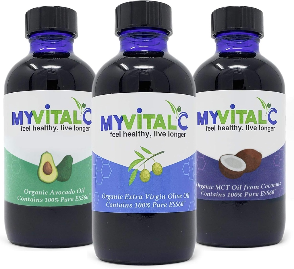 MyVitalC Combo av økologisk Extra Jomfru Olive olje, MCT & Avocado olje - ESS60 Antioksidant Supplement - for anti-aldring, lang tid, søvn, energi - Pakke med 3