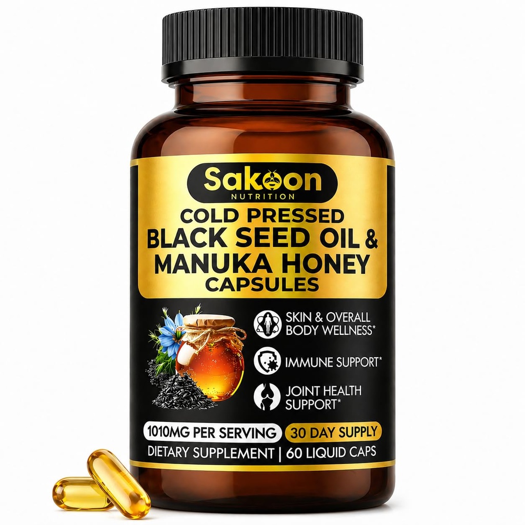 Svart Seed Oil Capsules - Med New Zealand Manuka Honning, kald presset tyrkisk nikkella sativa olje, 2% Thyrokinon, Immun & Digestiv støtte, laget i USA, 60 greve, 1010mg per porsjon