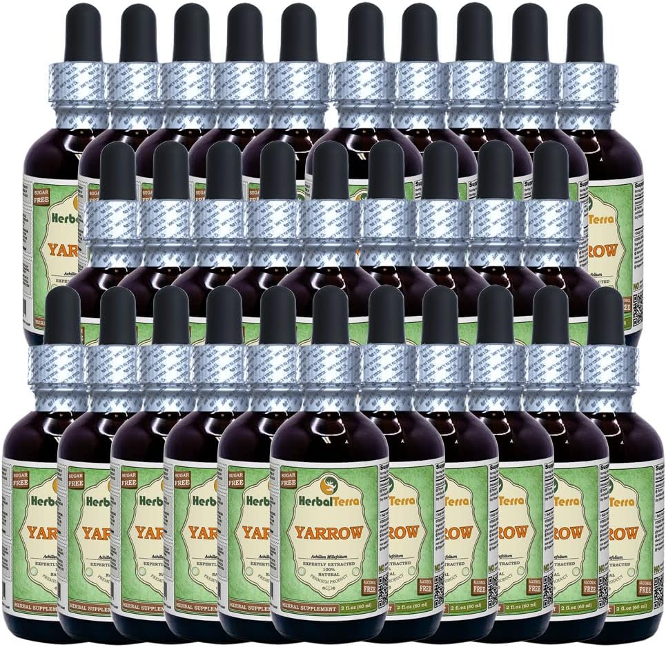 Yarrow (Achillea Millefolium) Glyceritt, organisk tørket blomster alkoholfri flytende ekstrakt (merkenavn: HerbalTerra, stolt laget i USA) 30x2 fl.oz (30x60 ml)
