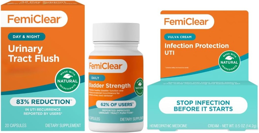 FemiClear - dag & natt urinveisstøtte - Blader Styrke Supplement - infeksjonsbeskyttelse Vulva krem, beskyttelse mot urinveis infeksjoner - produsert i USA
