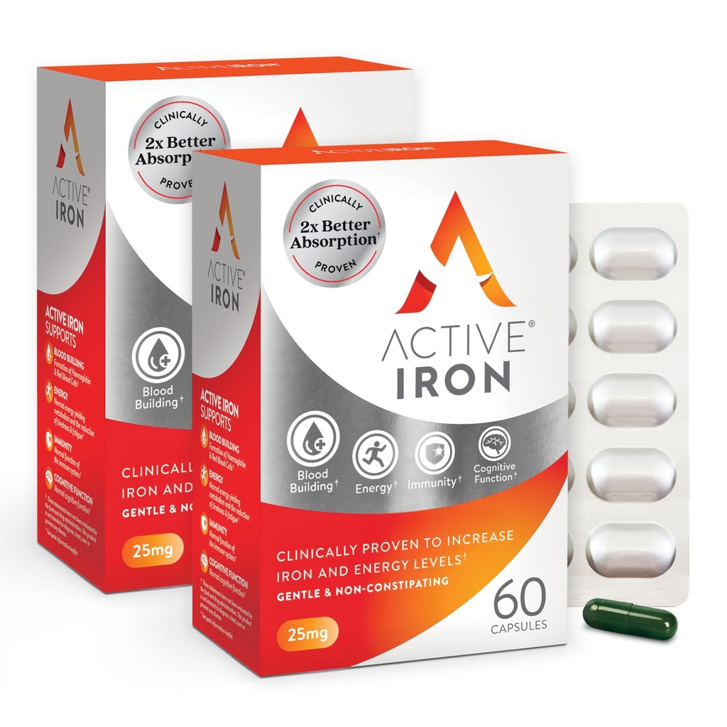 Aktivt jern Supplement 25mg – klinisk bevist å øke jern og energi nivåer - Gentle, ikke-forstoppende, høyfravær – 120 kapsler