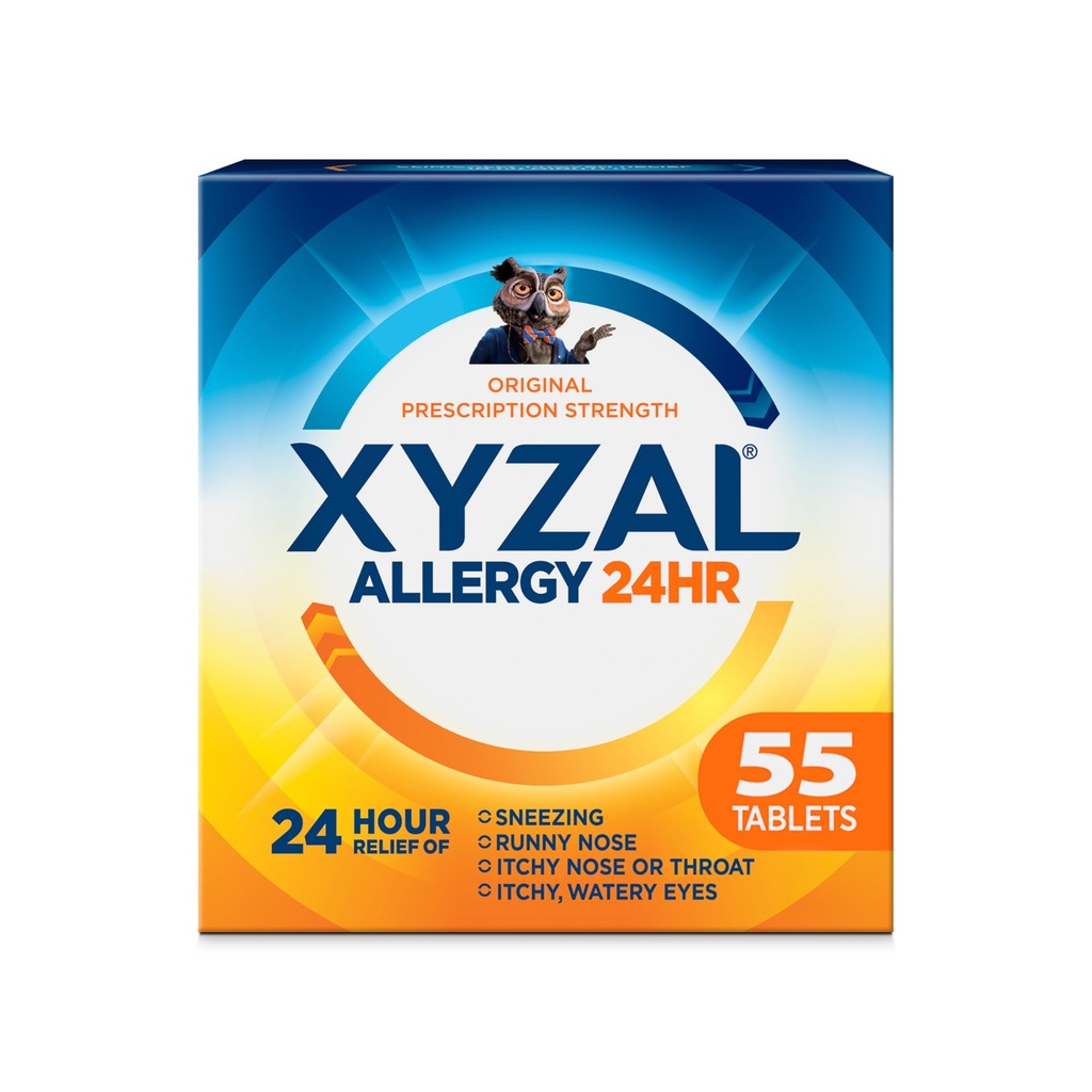 Xyzal 24-timers allergi relief medisin, opprinnelig reseptstyrke antihistamin, levocetirizin dihydroklorid tabletter 5 mg, 55 Antall