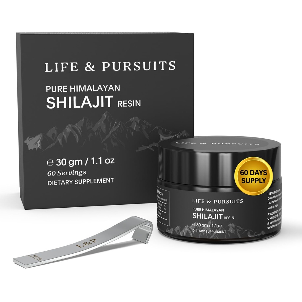 Liv og pursuits 100% ren ekte India Himalaya Shilajit Resin, 1.1 oz 500mg, Minimum 75% Fulvic Acid, 85+ Spor Mineraler, Diett Supplement for menn 3rd Party Lab Test Report, 60 Services (pakke av 1)