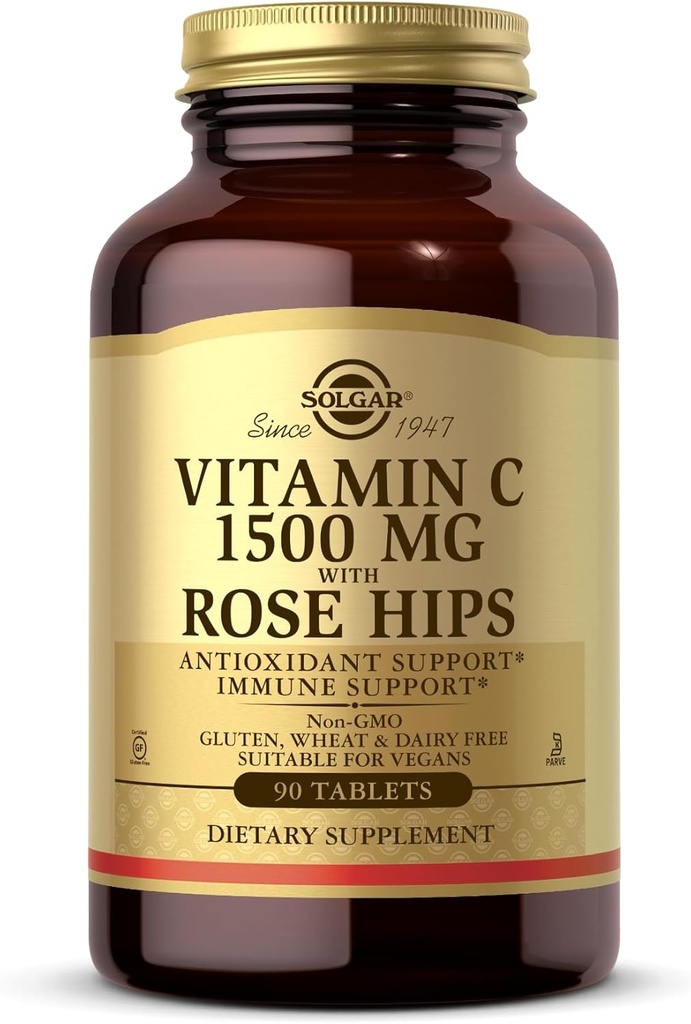 Solgar Vitamin C 1500 mg med rose HIPS, 90 tabletter - Antioksidant og immun støtte - Total Helse - Støtter sunn hud og ledd - Ikke-GMO, Vegan, Glutenfri, Dairy Free, Kosher - 90 Services