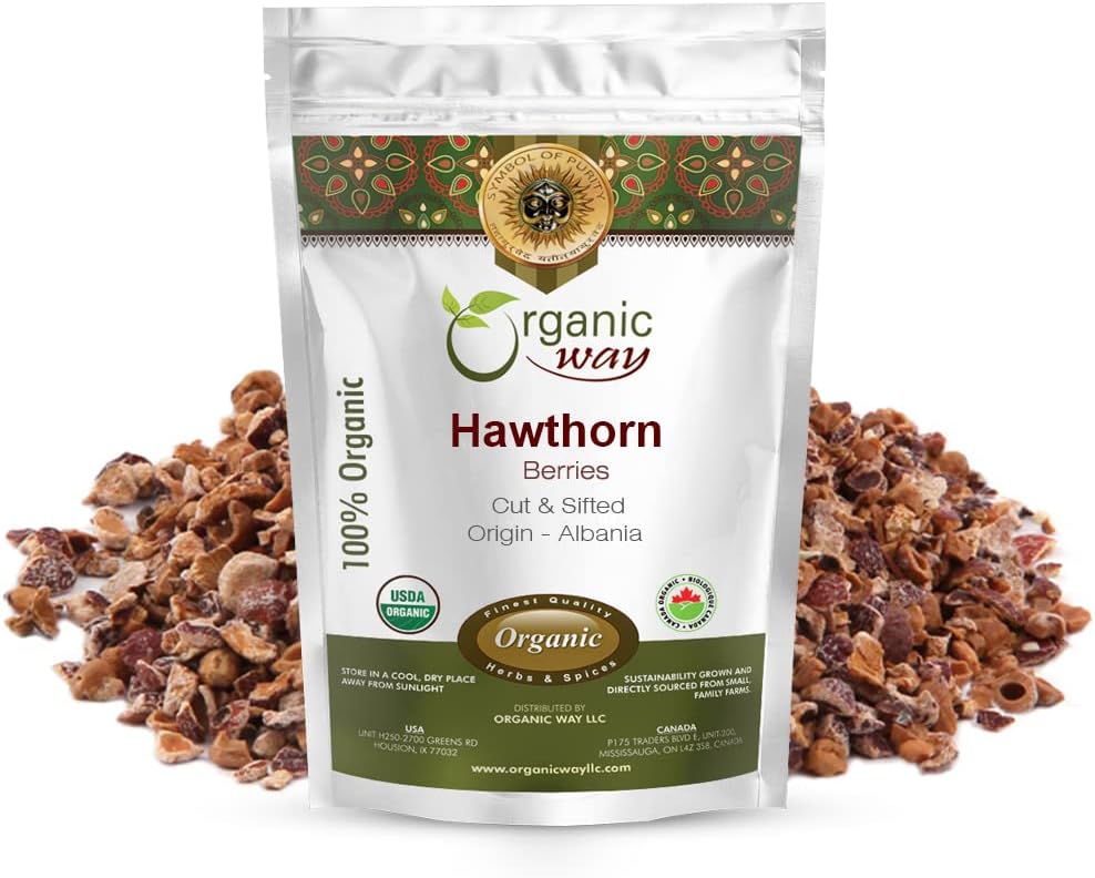 Organic Way Hawthorn Berries Cut & Sifted (Crataegus monogyna) - Europeisk Wild-Harvest Organic & Kosher Certified | Vegansk | Ikke GMO & Glutenfri | USDA Certified | Opprinnelse - Albania (1/4LBS / 4OZ)