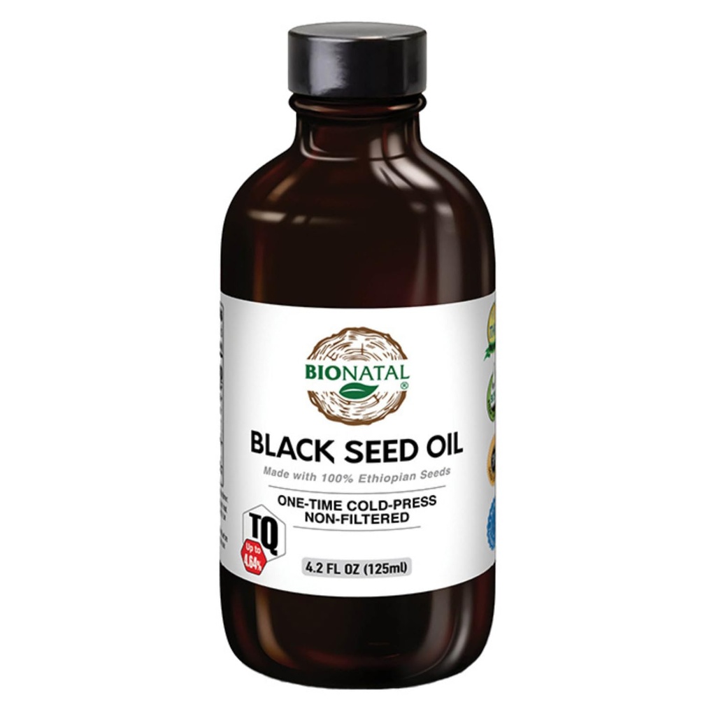 BioNatal Ethiopic Black Seed Oil 4.2oz Glass– kaldt presset Nigella Sativa Producing Black Cumin Seed Oil, uraffinert og ikke-filtrert, høy TQ opp til 4,64% – støtter immunsystem, digestion og ledd