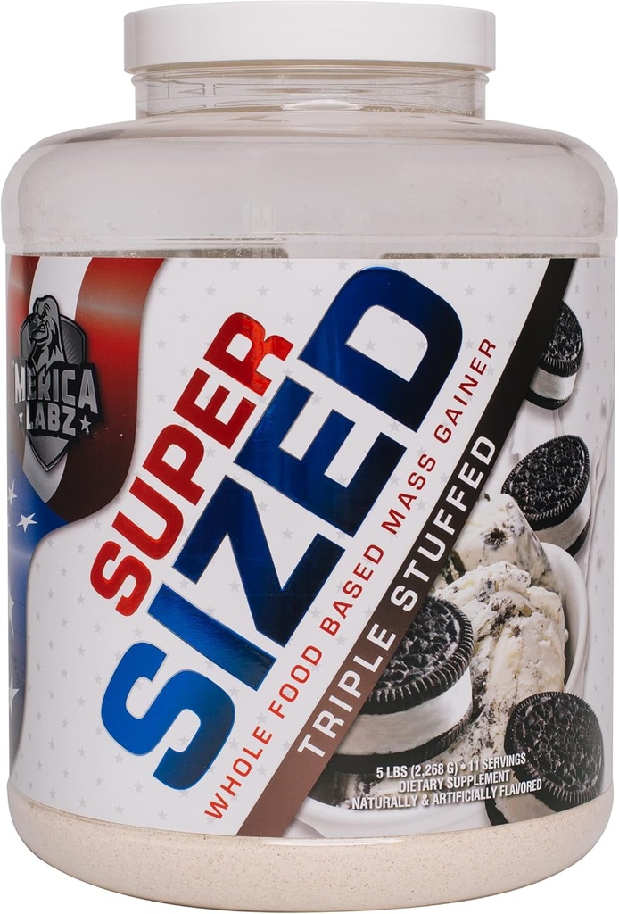 'Merica Labz Super Størrelse Hele matbasert Mass Gainer med 46 g protein, inkluderer Digestive Enyzmes for Easy Digestion, 5 lbs (triple Stuffed)