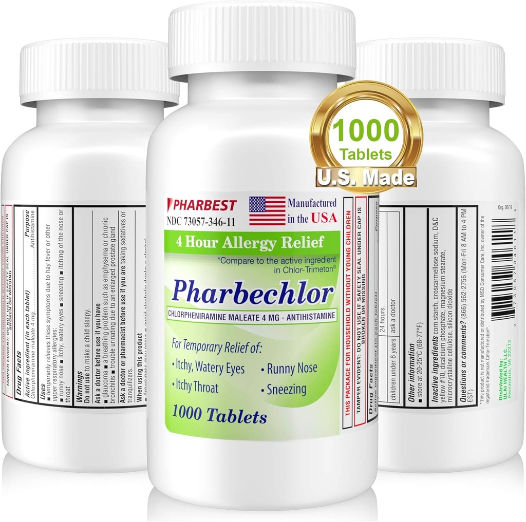 Ulai 4 timers Allergi relief 1000 Ct [Made i USA] | Itchy, Vannige øyne, Runny Nese, Sneezing, Sinus Relief | Chlorpheniramin Maleat 4 mg | Antihistamin Allergi medisin Pharbechlor (1 flaske)