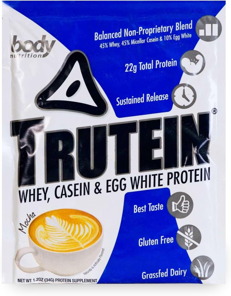 Body Nutrition Trutein High Protein pulver: 45% Whey, 45% Casein, 10% Egg Hvit, Glutenfri, Lav Natrium, Grass Fedt Whey Protein pulver, Gym Supplement & Frokost Shake, Mocha, 34g prøve