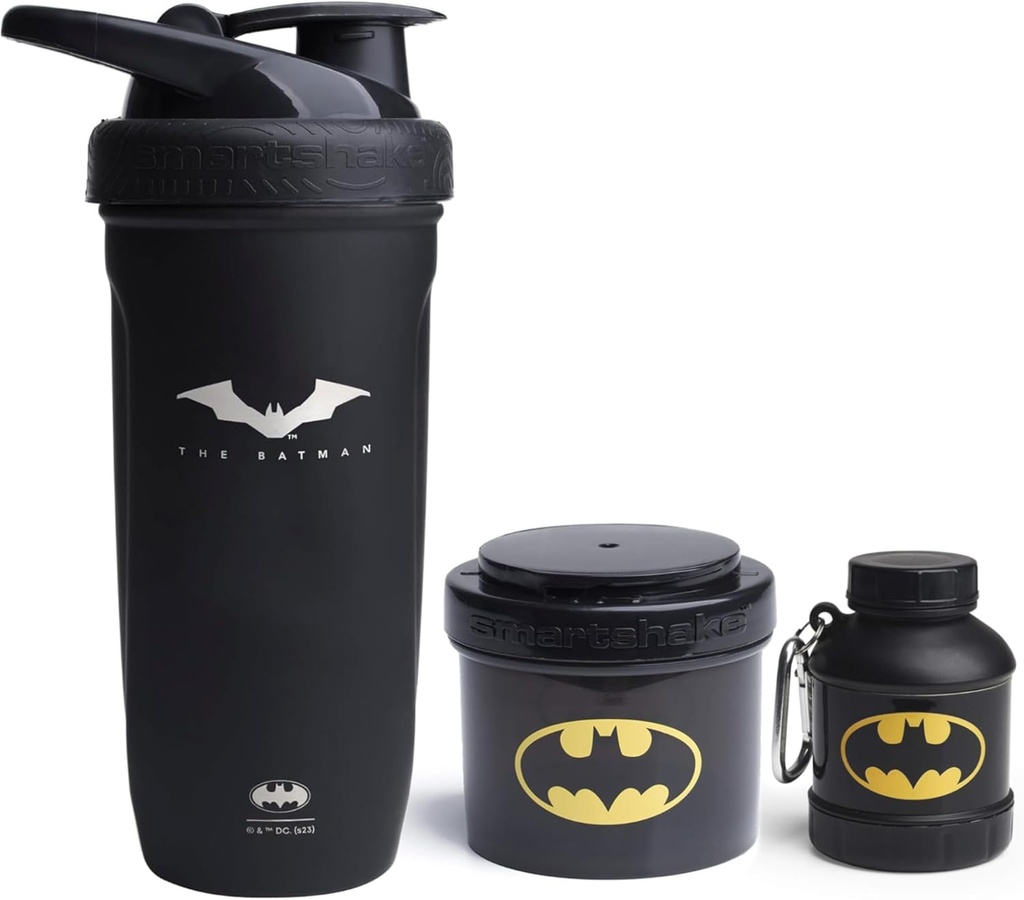 Smartshake DC Comics Bundle - Batman rustfritt stål Protein Shaker 900ml med Funnel 110ml og lagringsbeholdere 200ml.