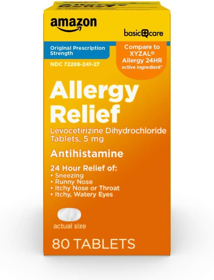 Basic Care 24-timers allergi relief, levocirizine dihydrochloride tabletter, 5 mg antihistamin for sensing, Runny Nese, Kylling Nese eller Throat og kløe, Vannige øyne, 80 Count Pack