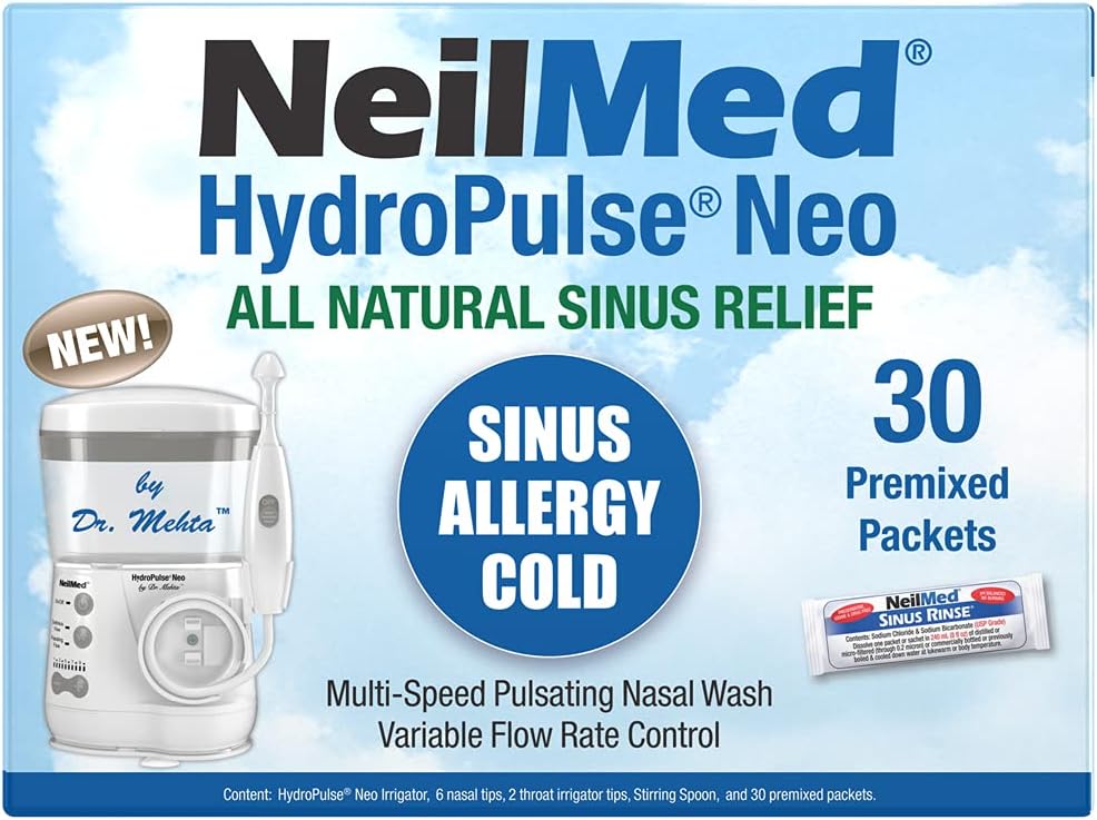 NeilMed HydroPulse Neo. Multi-Speed Electric Pulsating Nasal Sinus Irrigation System med 30 Sinus Rinse Premixed Packets.