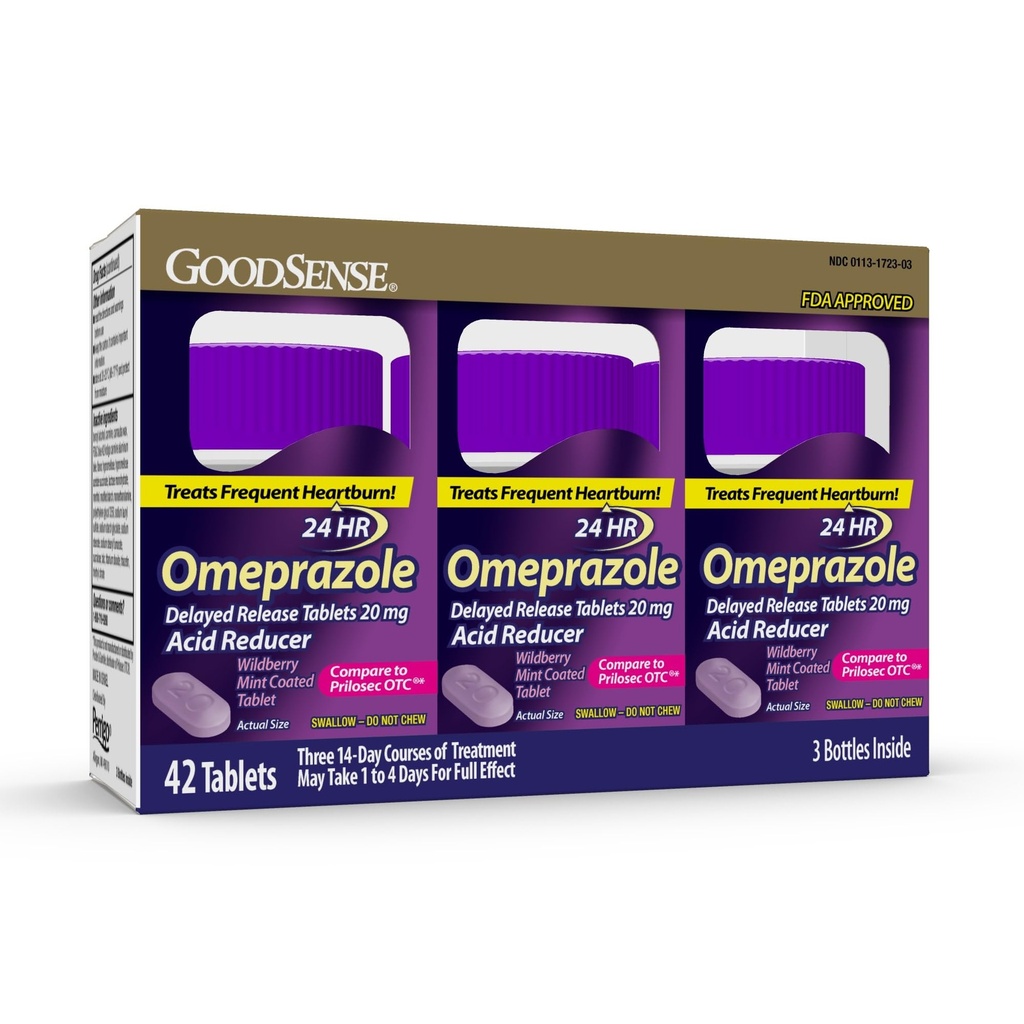 GoodSense Omeprazol, Sammenlign med Prilosec, Forsenet frigjøringstabletter 20 mg, Acid Reduser, Wildberry Mint Coated Tablett, 42 Telling