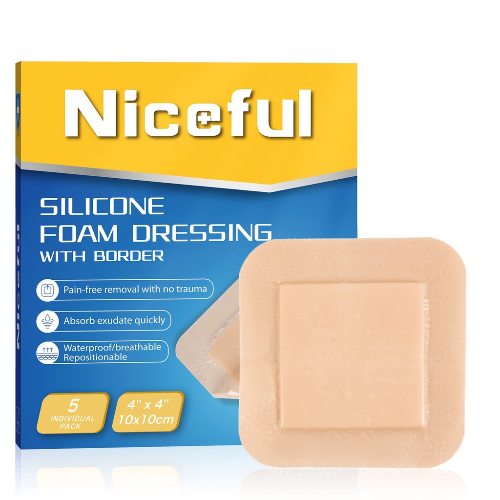 Silikon Foam Dressing 4"x4", Vanntett Silikon Bandages med grenseklede, høy absorbens seng Sore Bandages sårbehandling (2,5"X2.5" Pad), 5 pakker, FSA HSA kvalifisert