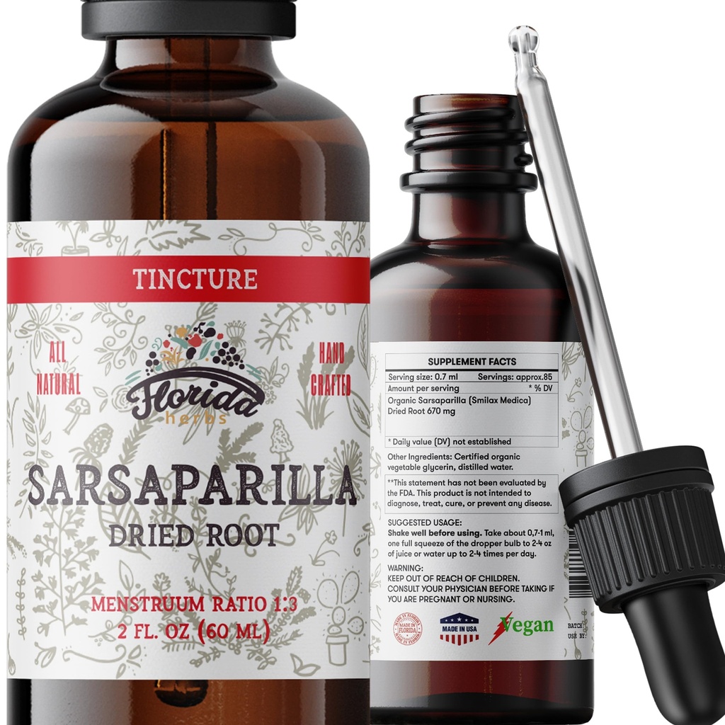 Sarsaparilla tinktur, organisk Sarsaparilla ekstrakt (Smilax Medica) tørket rot, ikke-GMO i kaldtpresset organisk grønnsaker glyserin 2 oz, 670 mg