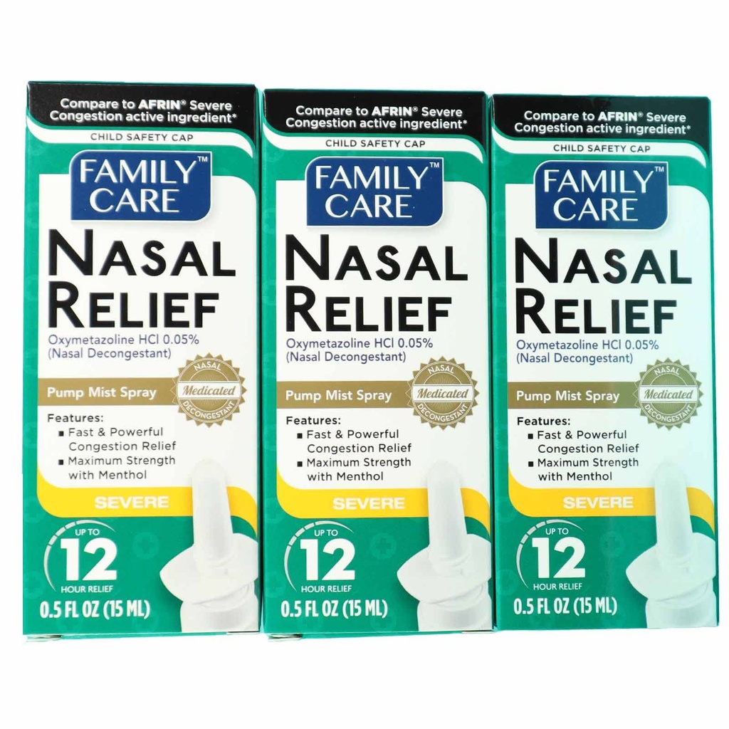 FamilyCare Nasal Relief Spray, Pump Mist, Anti-drip, Alvorlig Congestion, (Oxymetazolin HCI) 12 timer, 3 pakke