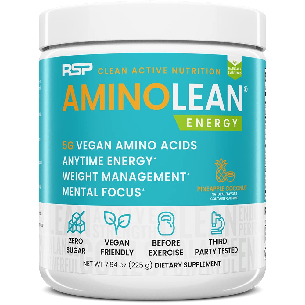 RSP Vegansk AminoLean - Alt-i-ett naturlig pre trening, Amino energi, vektkontroll med BCAA, komplett vegansk preworkout pulver, Pineapple Coconut