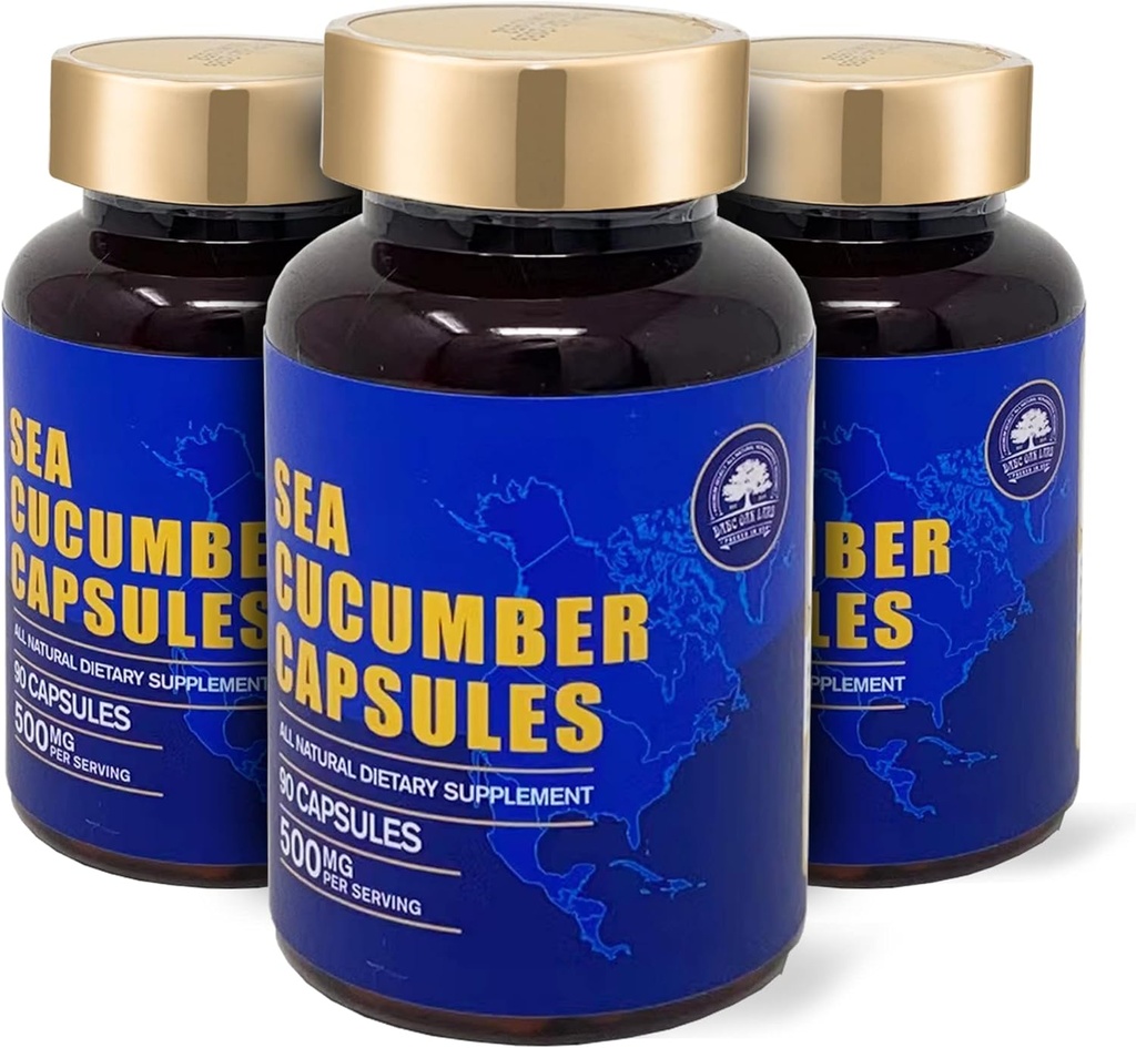 Sea Cucumber, Wild Caught Capsules Sea Cucumber, Natural Extract Supplement, Super Natural Antioxidant, Immune Builder, Cartilage Protection - 90 Kapsler, 500mg/Battle - Tre flasker
