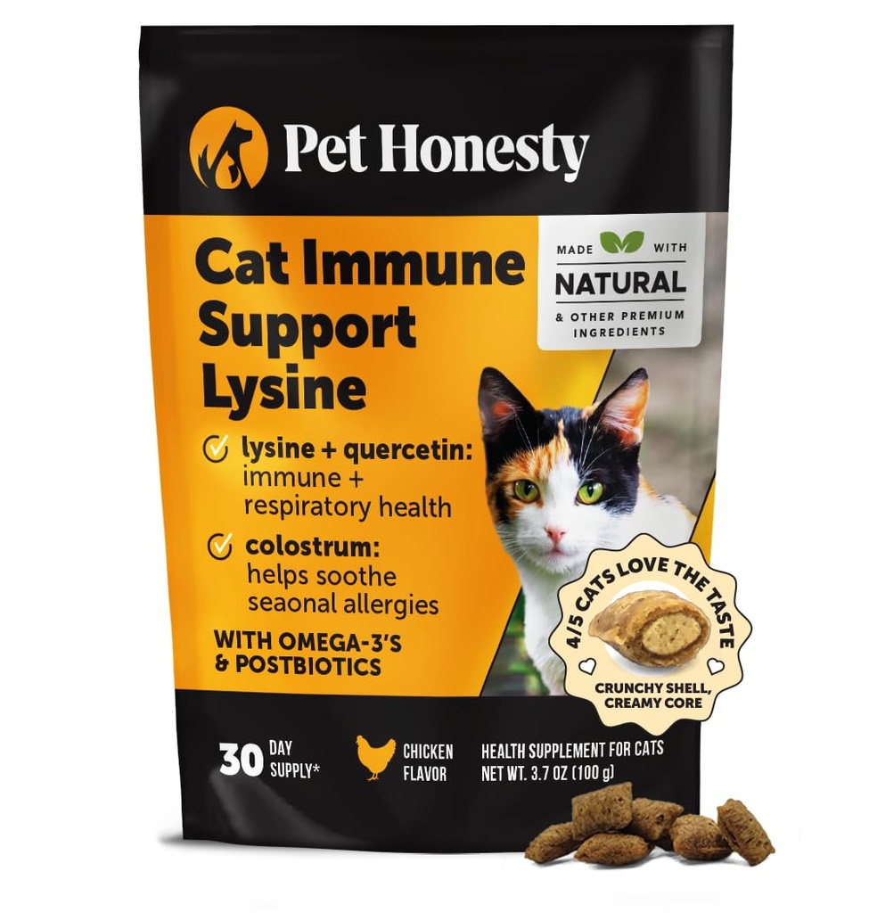 Cat Immune Support Lysine - Allergi Relief & Immune Health Supplement for katter med L-Lysine, Colostrum, Quercetin & Omega-3 - Soothes Sneezing, Runny Nese & Kylling Hud Chicken, (30-dagers forsyning)