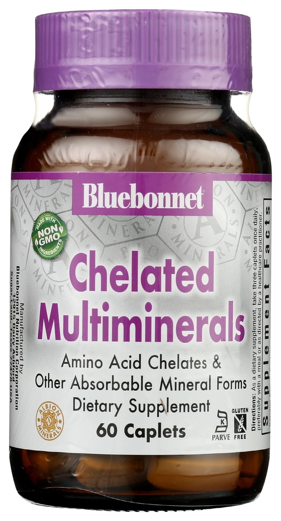 Bluebonnet Ernæring høy potens Chelated Multiminerals, Albion Chelated Minerals, Soya-fri, Glutenfri, Ikke-GMO, Kosher Certified, Dairy-Free, 60 Caplets, 20 Services