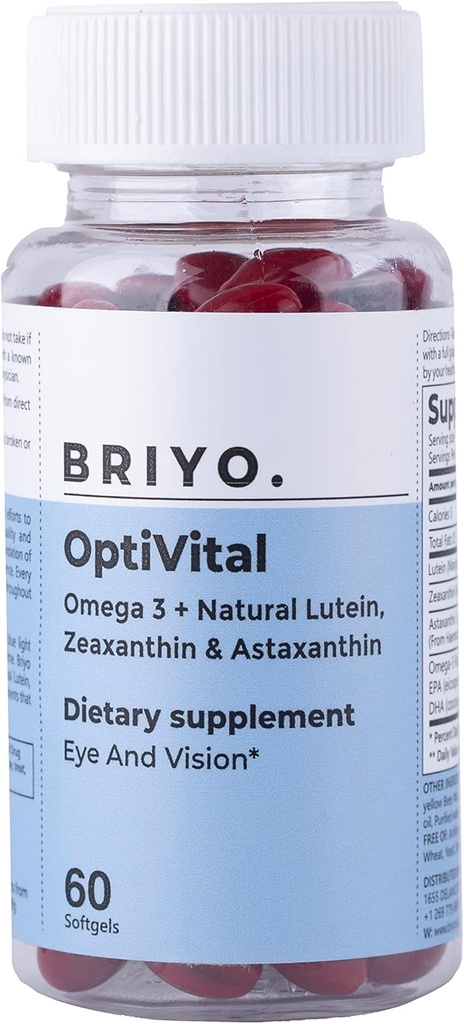 Briyo Optivital Eye Health Supplement med lutein, Zeaxanthin, Astaxanthin og Omega 3 - Støtter visuelt klarhet, skjermutmattelse Relief og langvarig retinal helse - en om dagen, 60 Softgels