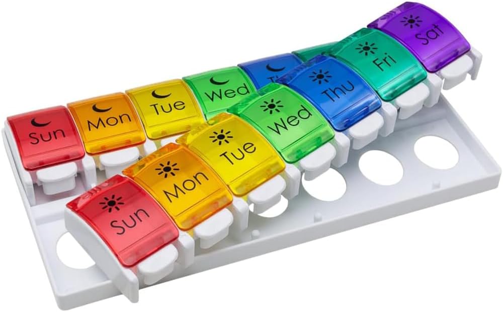 EZY DOSE Ukelig (7-dagers) Pille tilfelle, medisinplanlegger, Vitaminorganisator, 2 ganger om dagen AM / PM, Fjernabale skuffer, store trykkknapp sammenligninger, lett å bruke, artritt vennlig, Rainbow Lids, BPA gratis