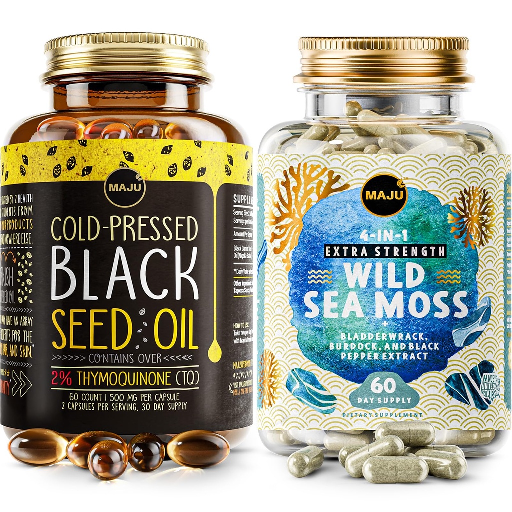 Maju Superfoods 4-i-1 Sea Moss Capsules og Black Seed Oil Capsules