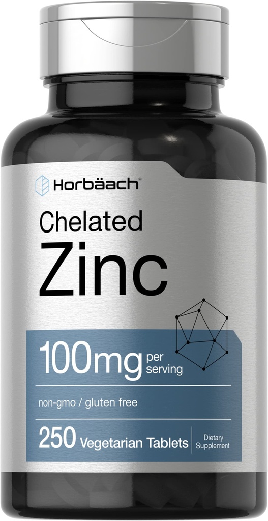Horbäach Chelated Sink Supplement 100 mg | 250 tabletter | Høy potens & superior absorpsjon | Vegetarisk, ikke-GMO, Glutenfri