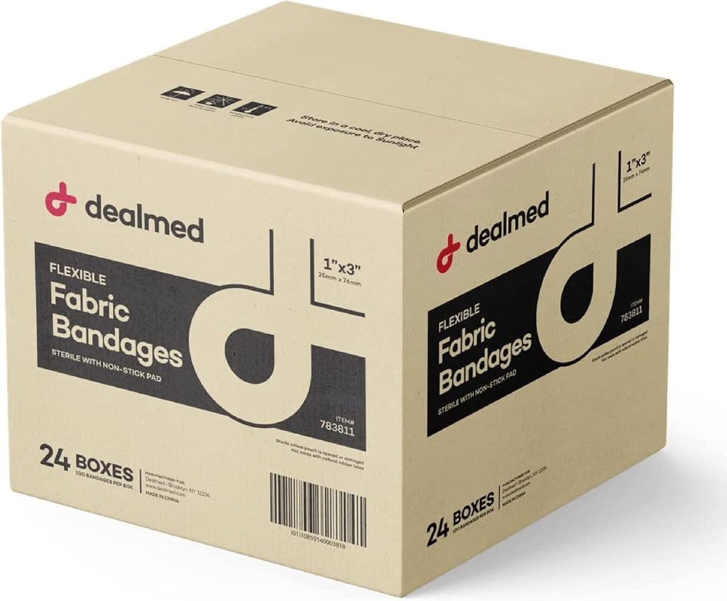 Dealmed Sterile fleksible stoff klesbånd - 1x3 tommer - 100/boks - 24 bokser - pustende førstehjelpsstripe pakke - myk strekksår patch for medisinske, nødsett og klinik