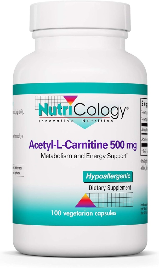 Nutricology Acetyl-L-Carnitin 500mg Supplement - Metabolisme og energi støtte, ALC, gratis form aminosyre, vegetariske kapsler - 100 greve
