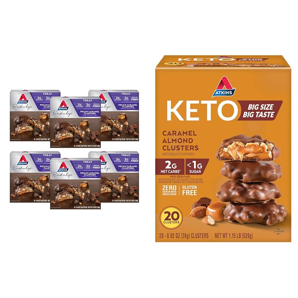 Atkins Pecan Caramel & Caramel Almond Clusters, 60 & 20 greve, høy fiber, lav sukker, lav carb