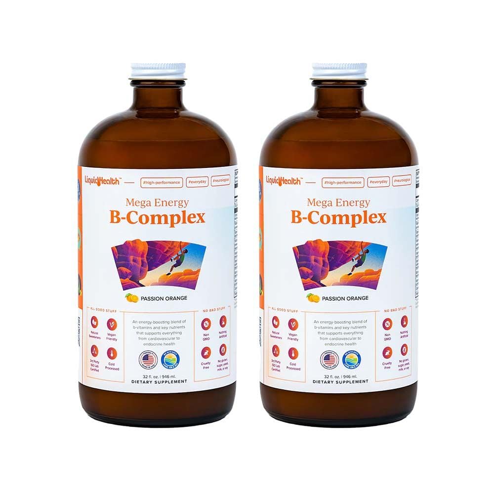 LIQUIDHEALTH Mega Energy Metylert B-kompleks, voksen flytende vitamin Supplement - Øk energi, lindre stress og tretthet, immunstøtte, hjerte og gut helse - laget i USA, vegansk, sukkerfri (2 pakke)