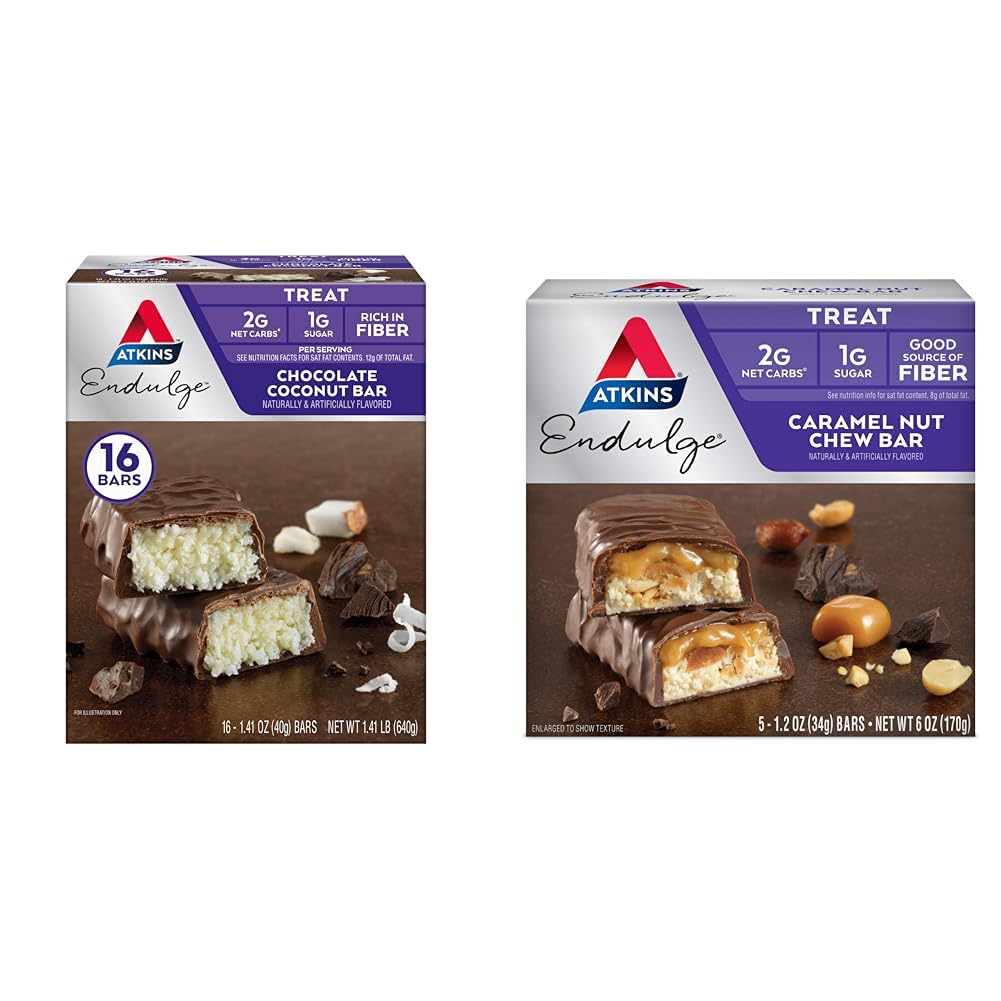Atkins Endulge Sjokolade Kokos Bar 16 greve og karamel Nut Chew Bar 5 greve Bundle