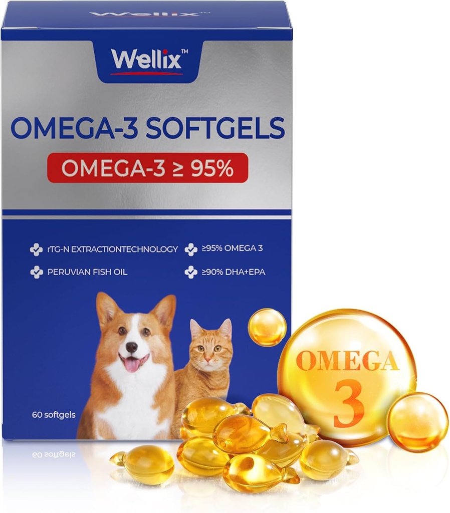 Wellix ren Omega 3 Fiskeolje for hunder og katter, hud og coat Supplement for shedding, fremmer hjertet, huden, Coat, felles, og immun helse, over 95% Omega 3, rik på EPA + DHA, 60 Softgels