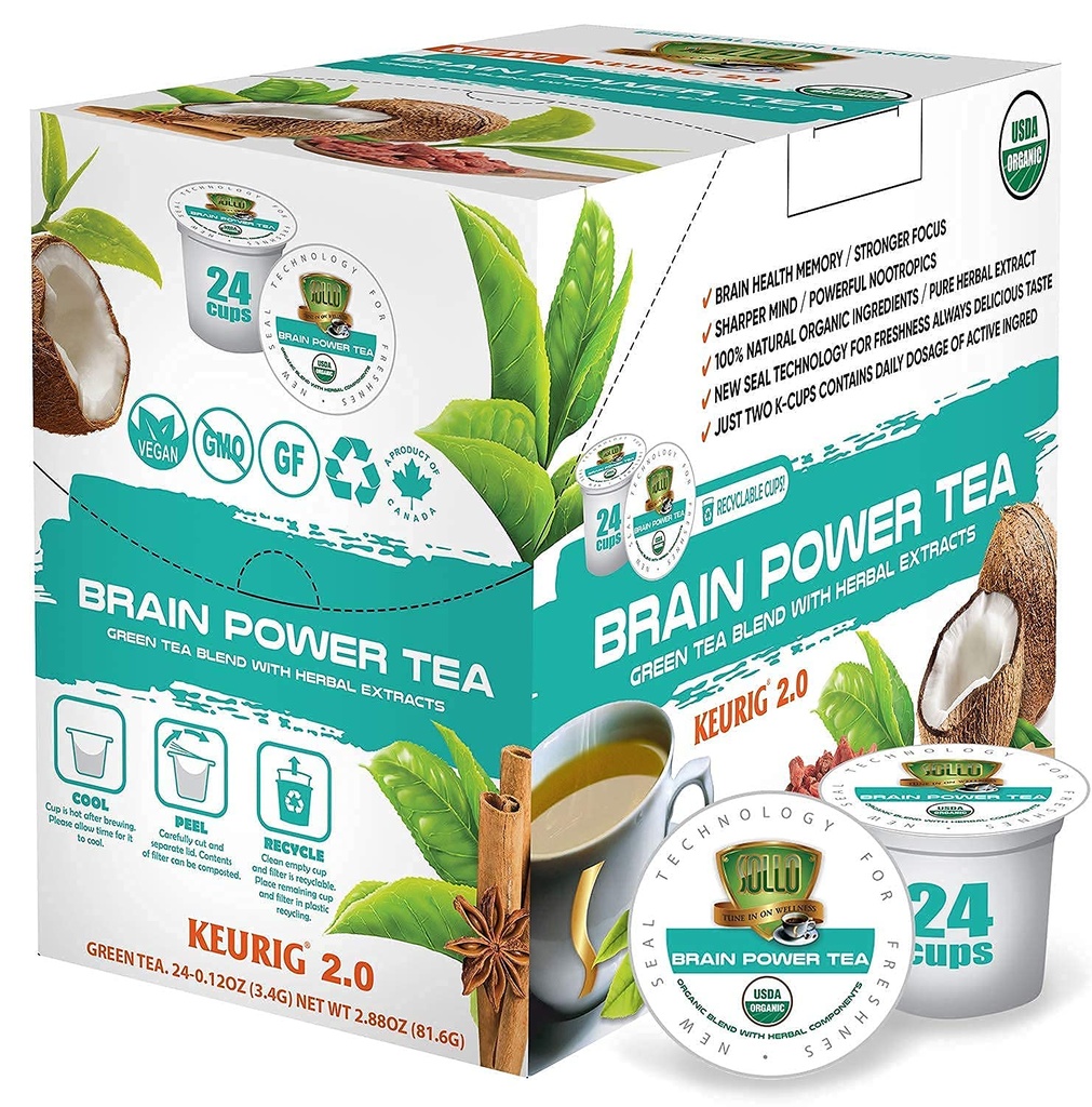 SOLLO Brain Power Organic Green Tea Pods med MCT, Acai & Essential ernæring, Nootropic Brain Booster- forbedrer hukommelse og fokus kompatibel med 2.0 K-Cup Keurig Brewers, 24 Ct