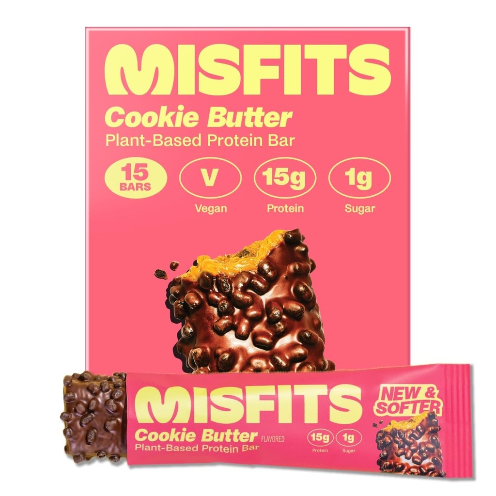 Misfits Vegansk Protein Bars, Cookie Smør - Oppdatert oppskrift | Plant Basert, Lavt Sugar & Carb, Høy Fiber Snacks | Pakke med 15