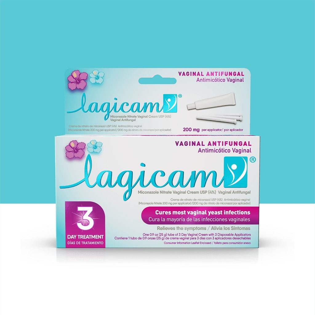 Lagicam 3 dagers Vaginal Yeast Infeksjonsbehandling for kvinner, Begynn å jobbe på 1. dag, Miconazol Nitrat, Antifungal krem lindrer kløe og irritasjon, 3 disponerbare applikasjoner og krem (1 pakke)