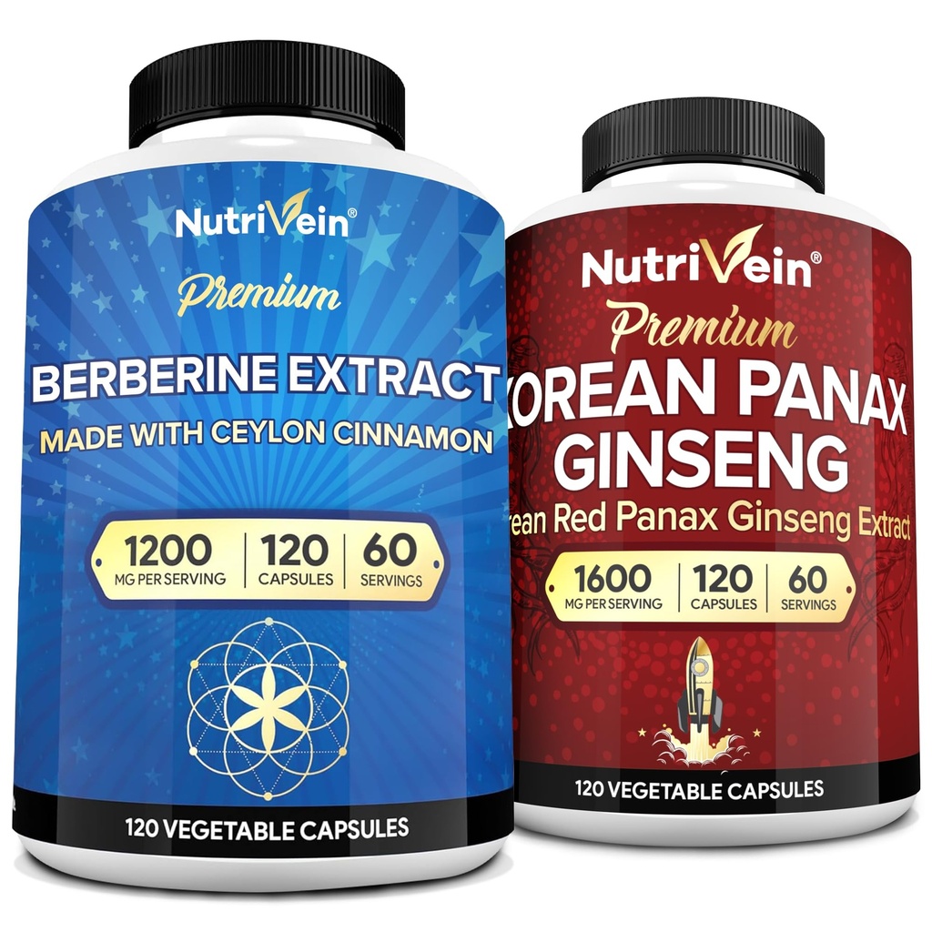 Nutrivein Premium Korean Panax Ginseng Supplement & Berberine Supplements Bundle: Høy-absorpsjon Berberine kompleks & ekte rød Ginseng Bundle for daglig klarhet, vitalitet, og velvære