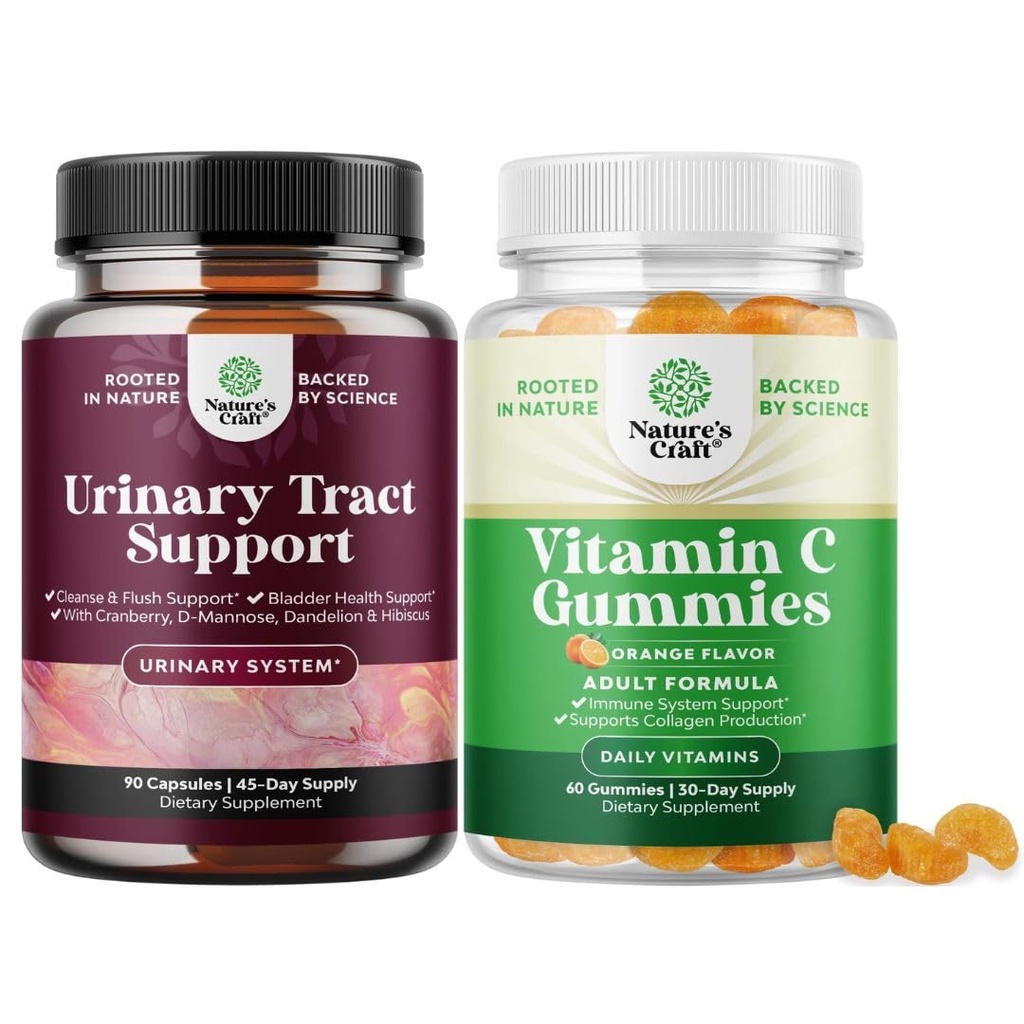 Bundle av D Mannose Capsules for Urinal Tract Health for kvinner rask fungerende super konsentrert Cranberry 90ct og Chewable Vitamin C Gummies for voksne - Halal vitamin C Immune Support Gummies