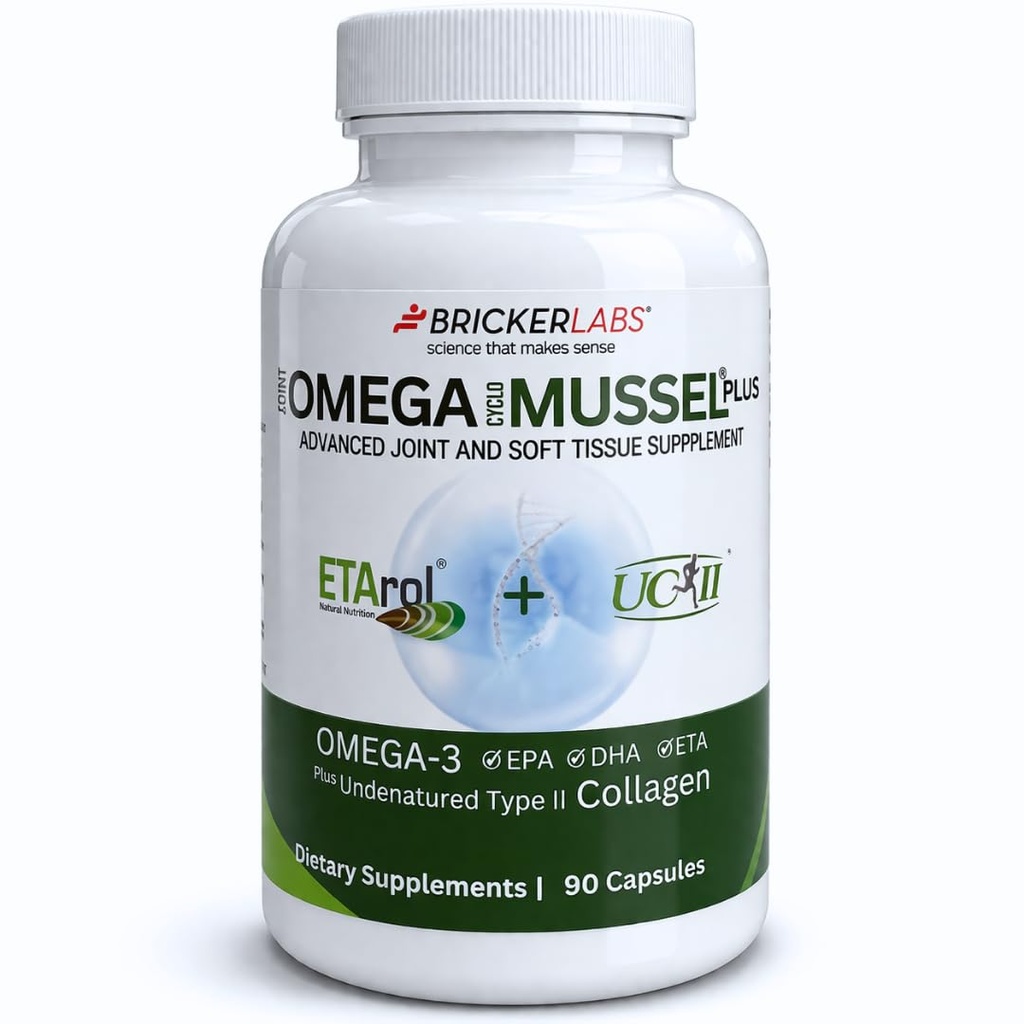 Bricker Labs Omega Cyclo - Mussel Plus UC-II, Premium NZ Green Lipped Mussel Plus UC-II Undenatured Type II Collage, Det Ultimate Joint Supplement for felles helse og komfort, 90 Kapsler