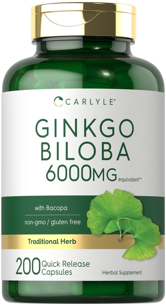 Carlyle Ginkgo Biloba piller | 6000mg | 200 kapsler | med Bacoba ekstrakt | Ekstra styrke, ikke-GMO og Glutenfri Herbal Supplement