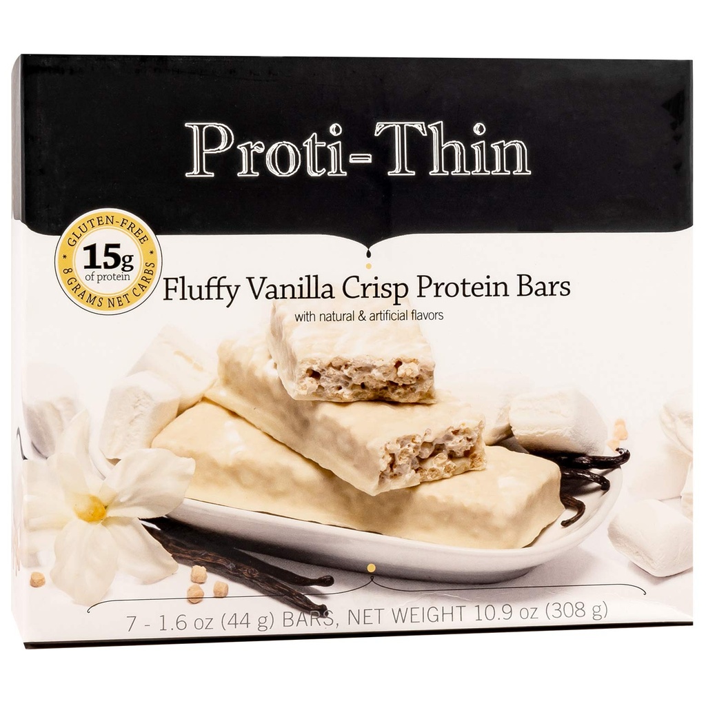 Proti-Thin Fluffy Vanilla Crisp Protein Bars, 15g Protein, Lav kalori, Veldig lav karbohydrat (VLC), lavfett, høy fibersnack Bar, KETO diett vennlig, ideell protein kompatibel, Ingen gluten ingredienser, 7 / boks