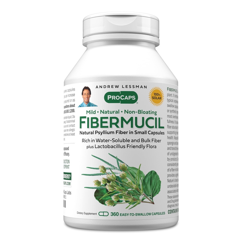 ANDREW LESSMAN Fibermucil 360 kapsler -Psyllium Husk pulver. Bedre regelmessighet og digestiv helse. Rik på fiber. Lett, effektiv. Ingen additiver. Små enkle å svelge kapsler